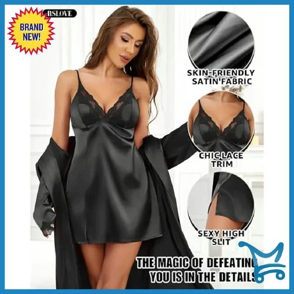 Satin Sleepwear Set Lace Cami Robe Silk Pajamas Women's Size M